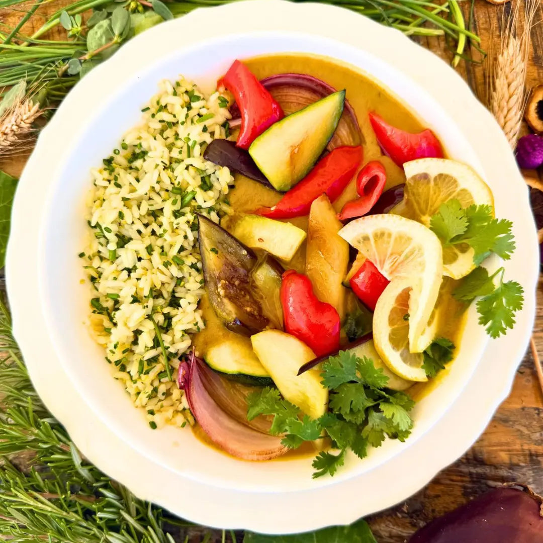 Vegetable curry with lemon and herb rice.