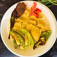 Vegetable Agnolotti, Mixed Cheese Sauce & Grilled Kale