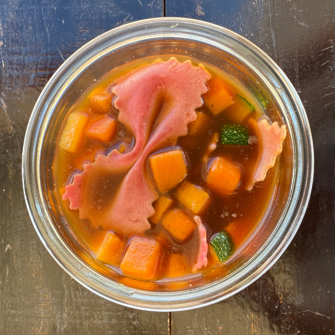 Bone Broth with Farfalle and Seasonal Vegetables