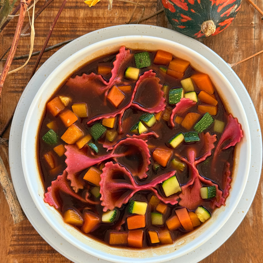 Bone Broth with Farfalle and Seasonal Vegetables