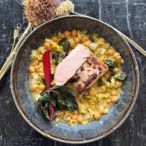 Black Pork Loin with Chickpea and Vegetable Stew