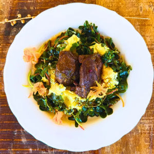 Braised Beef Cheeks, Creamy Mashed Potatoes & Sautéed Purslane