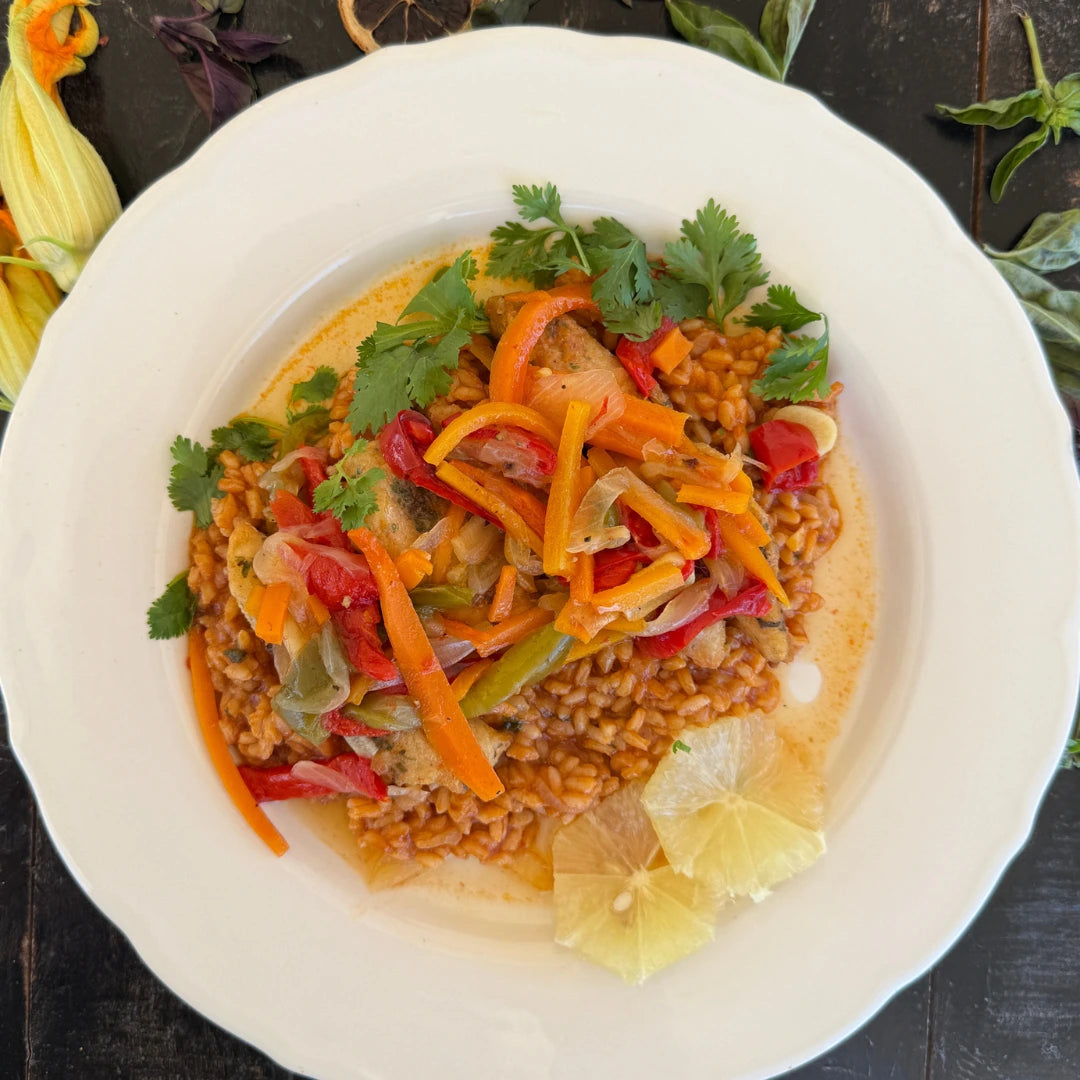 River fish escabeche with tomato rice.