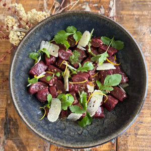 Beetroot Gnocchi with Roasted Vegetable Sauce & Watercress Pesto