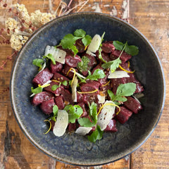 Beetroot Gnocchi with Roasted Vegetable Sauce & Watercress Pesto