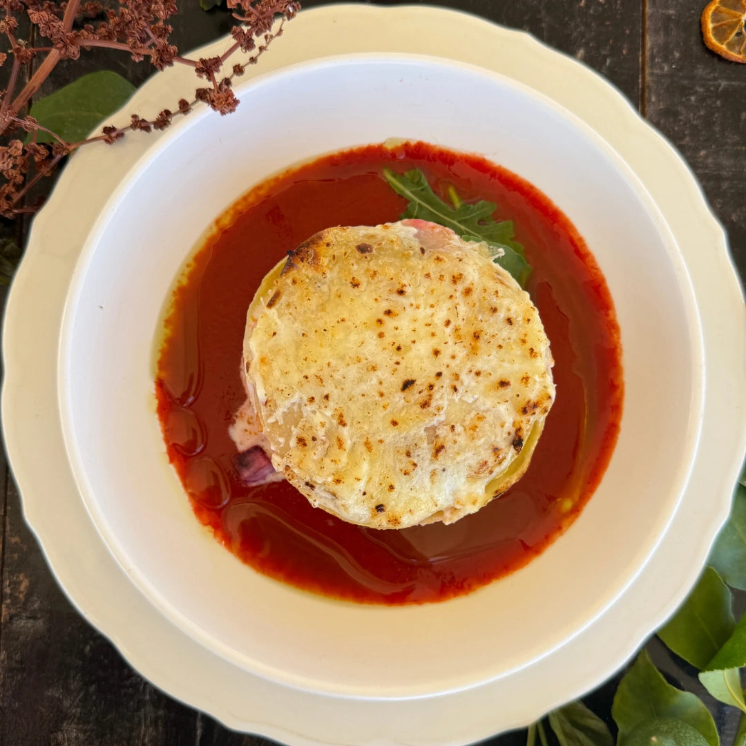 Vegetable lasagna with roasted tomato sauce.