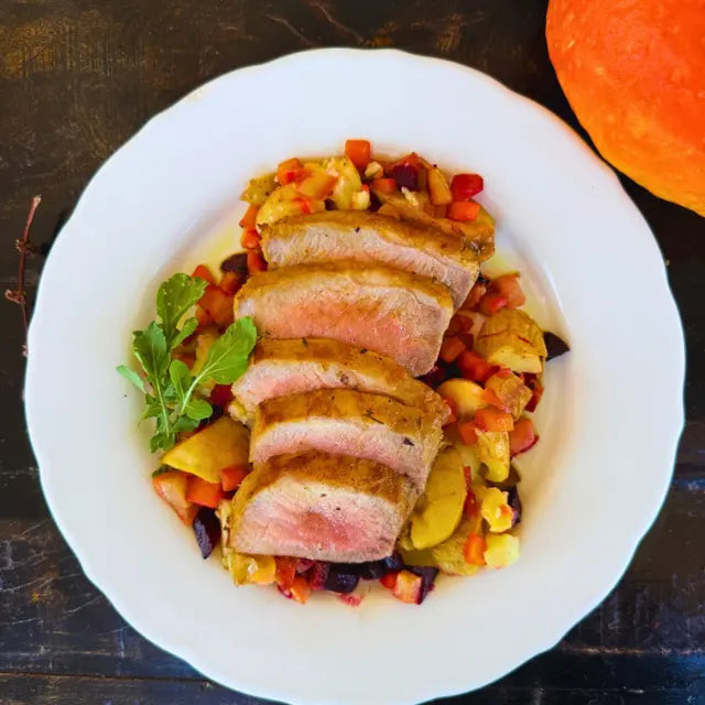Roast Pork Loin with New Potato Salad & Seasonal Root Vegetables