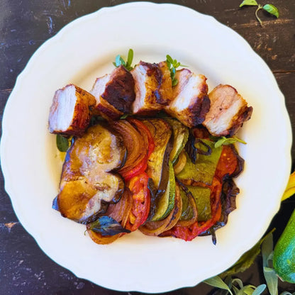 Confit black pork belly, ratatouille