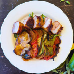 Confit black pork belly, ratatouille.