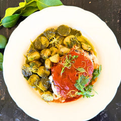 Eggplant parmigiana, mixed cheese, tomato sauce and new potato salad.