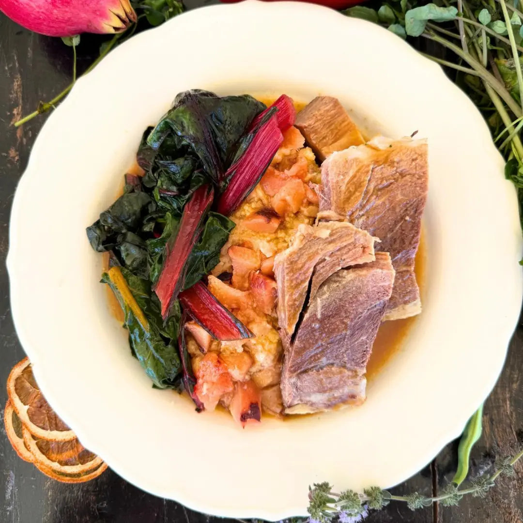 Roasted black pork, mashed potatoes and quince, sautéed colorful chard