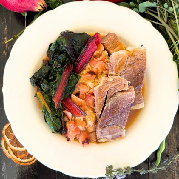 Roasted black pork, mashed potatoes and quince, sautéed colorful chard