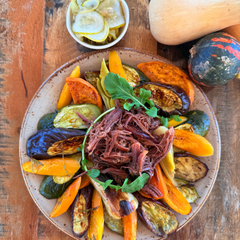 Pulled Beef served with Grilled Seasonal Vegetables