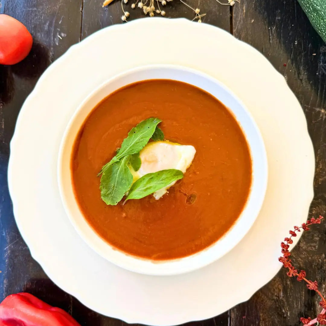 Roasted bell pepper cream with poached egg