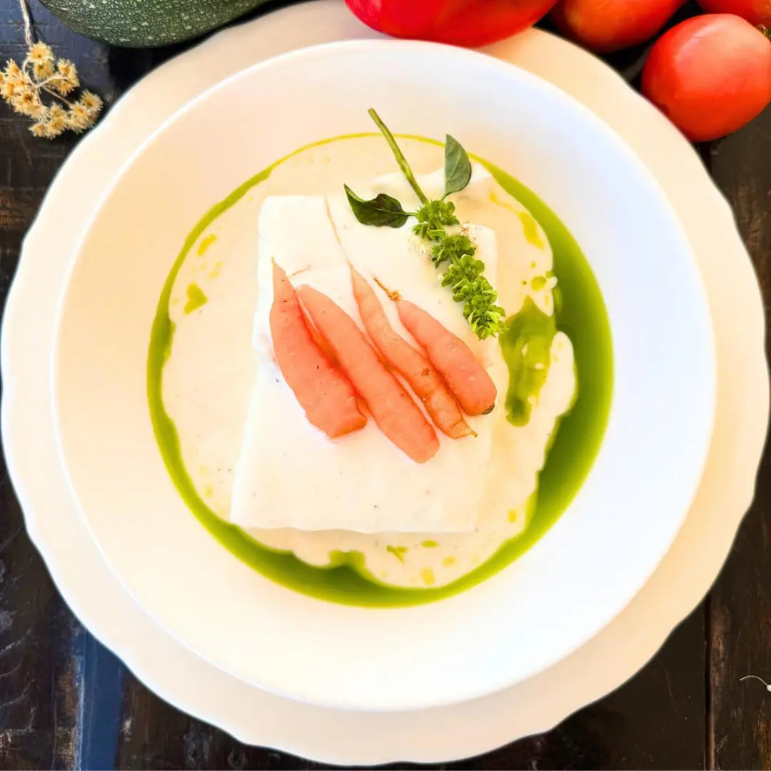 Terrine of summer vegetables, purslane pasta and bean cream