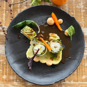 Pike-Perch Parcels in Lettuce, Potato & Quince Purée, Roasted Vegetable Sauce