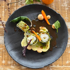 Pike-Perch Parcels in Lettuce, Potato & Quince Purée, Roasted Vegetable Sauce